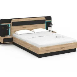 Lit double 140 x 190 cm avec tête de lit, chevets suspendus, étagère, LED et sommier bois et noir*IDMarket