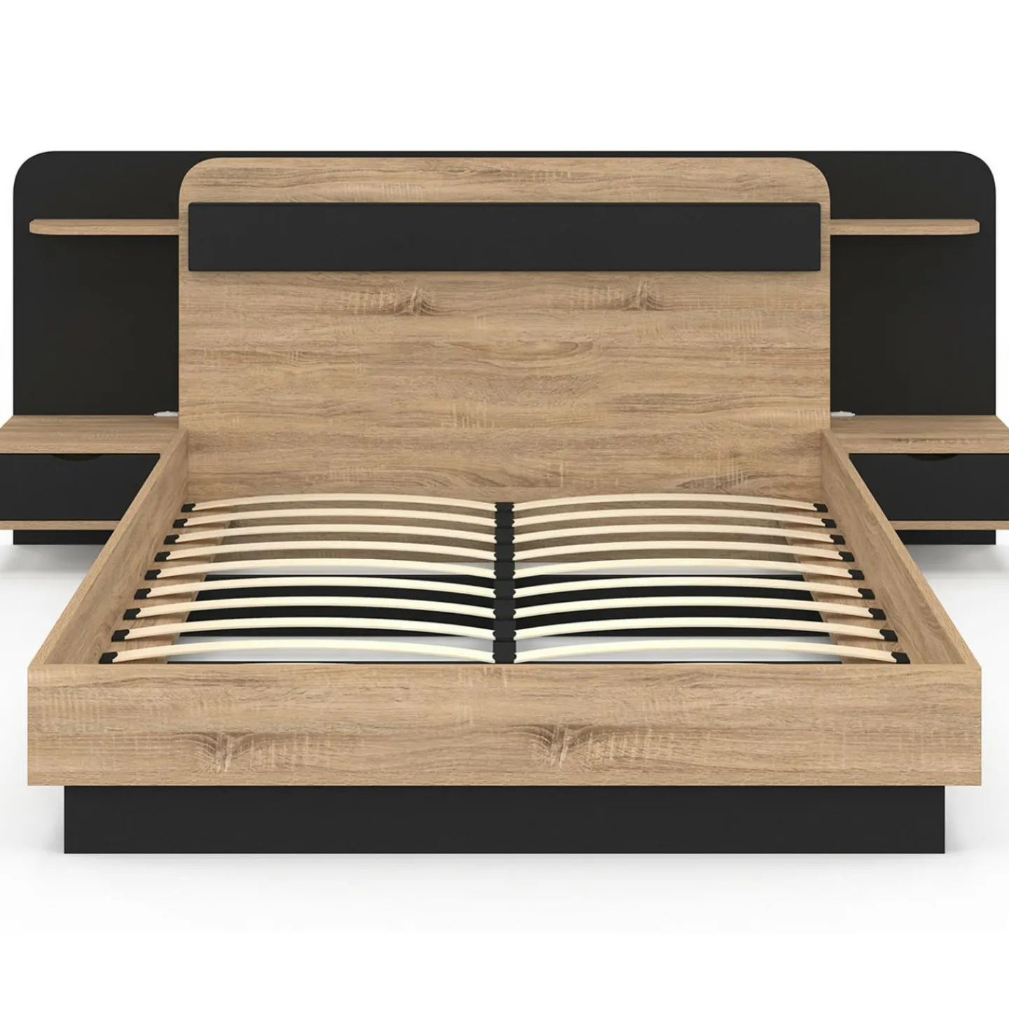 Lit double 140 x 190 cm avec tête de lit, chevets suspendus, étagère, LED et sommier bois et noir*IDMarket