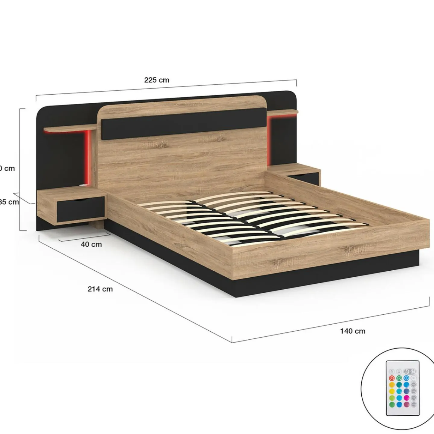 Lit double 140 x 190 cm avec tête de lit, chevets suspendus, étagère, LED et sommier bois et noir*IDMarket