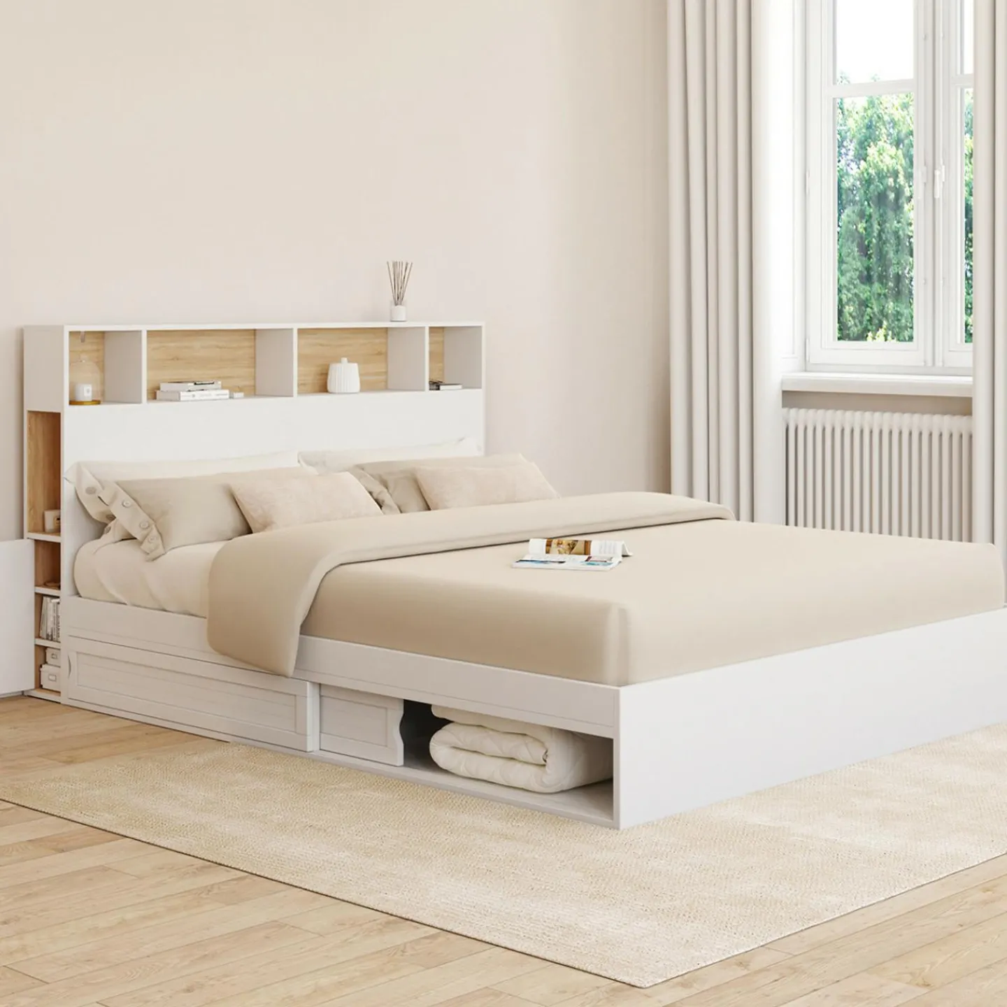 Lit double avec rangements + tête de lit et sommier 160 x 200 cm blanc et hêtre*IDMarket New