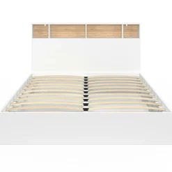 Lit double avec rangements + tête de lit et sommier 160 x 200 cm blanc et hêtre*IDMarket New