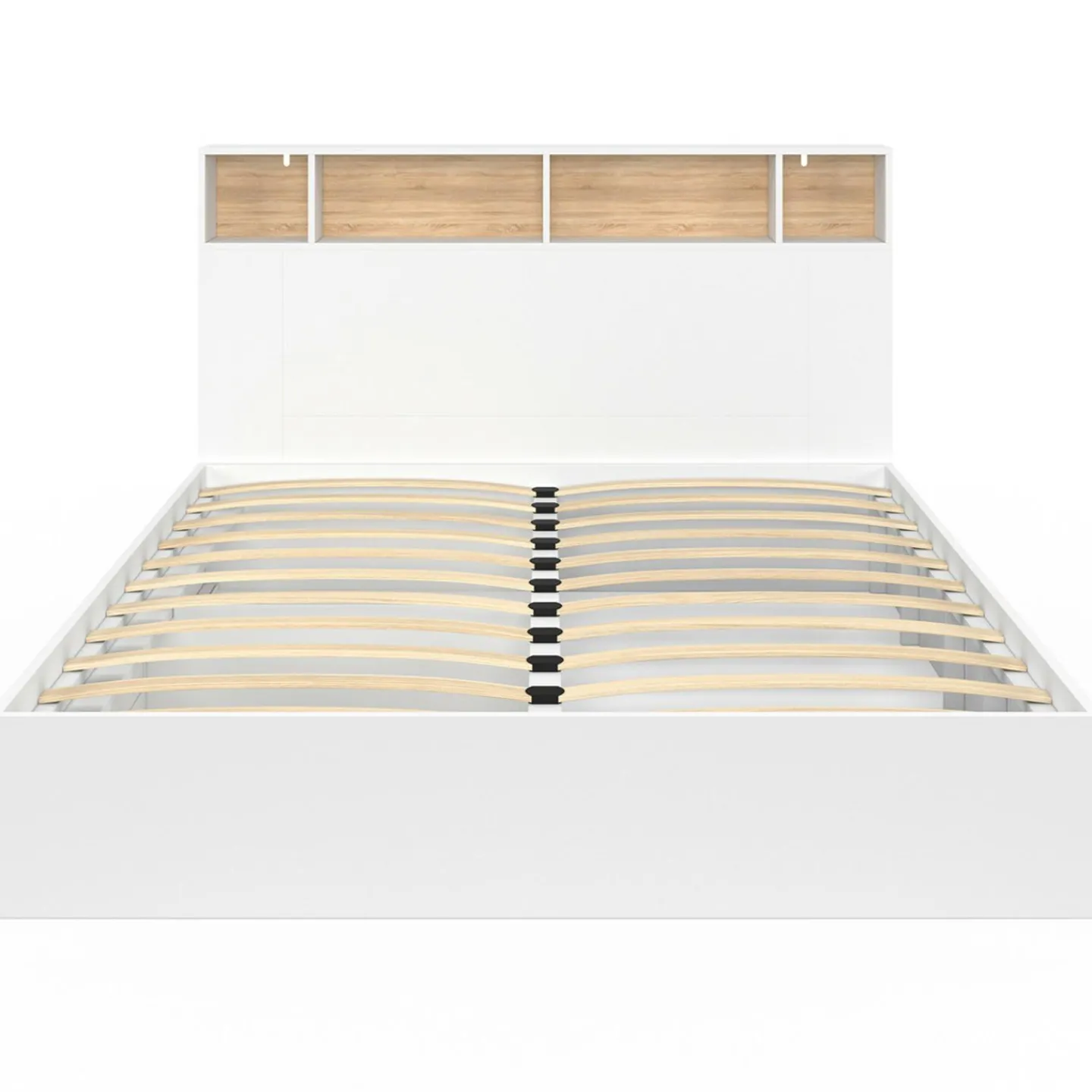 Lit double avec rangements + tête de lit et sommier 160 x 200 cm blanc et hêtre*IDMarket New