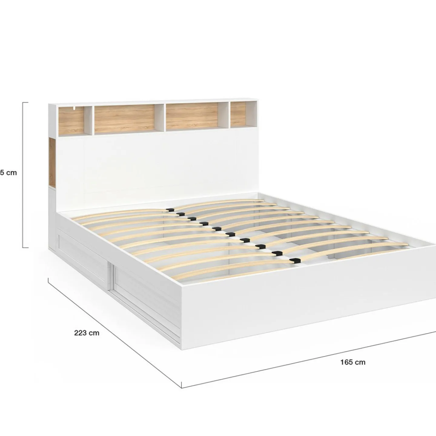 Lit double avec rangements + tête de lit et sommier 160 x 200 cm blanc et hêtre*IDMarket New