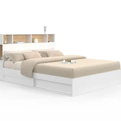 Lit double avec rangements + tête de lit et sommier 160 x 200 cm blanc et hêtre*IDMarket New