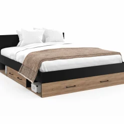 Lit double avec rangement 140x190 cm avec tête de lit hêtre et noir*IDMarket New