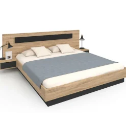 Lit double avec tête de lit et tables de chevet intégrées et sommier 180 x 200 cm bois et noir*IDMarket New