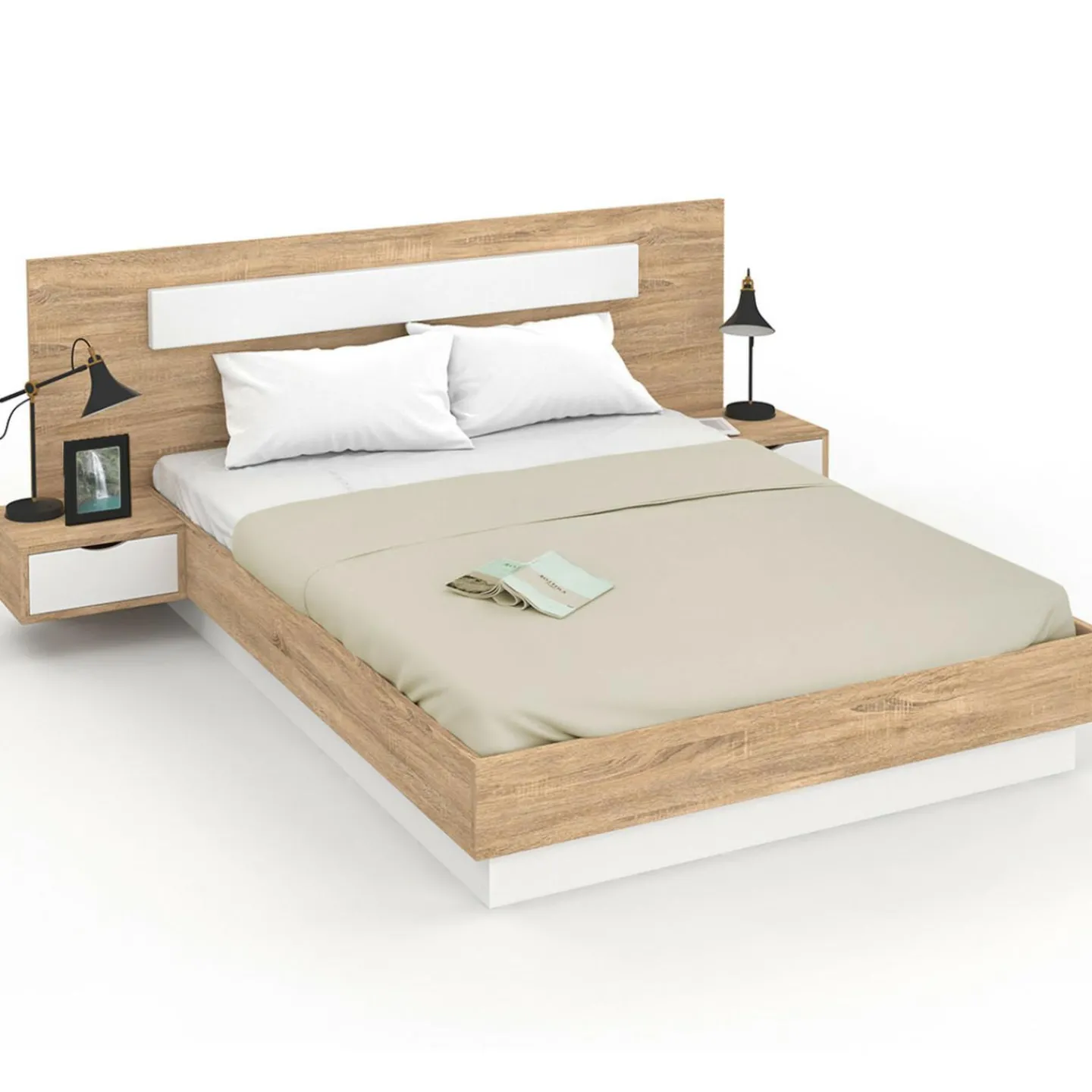 Lit double avec tête de lit, sommier et tables de nuit*IDMarket