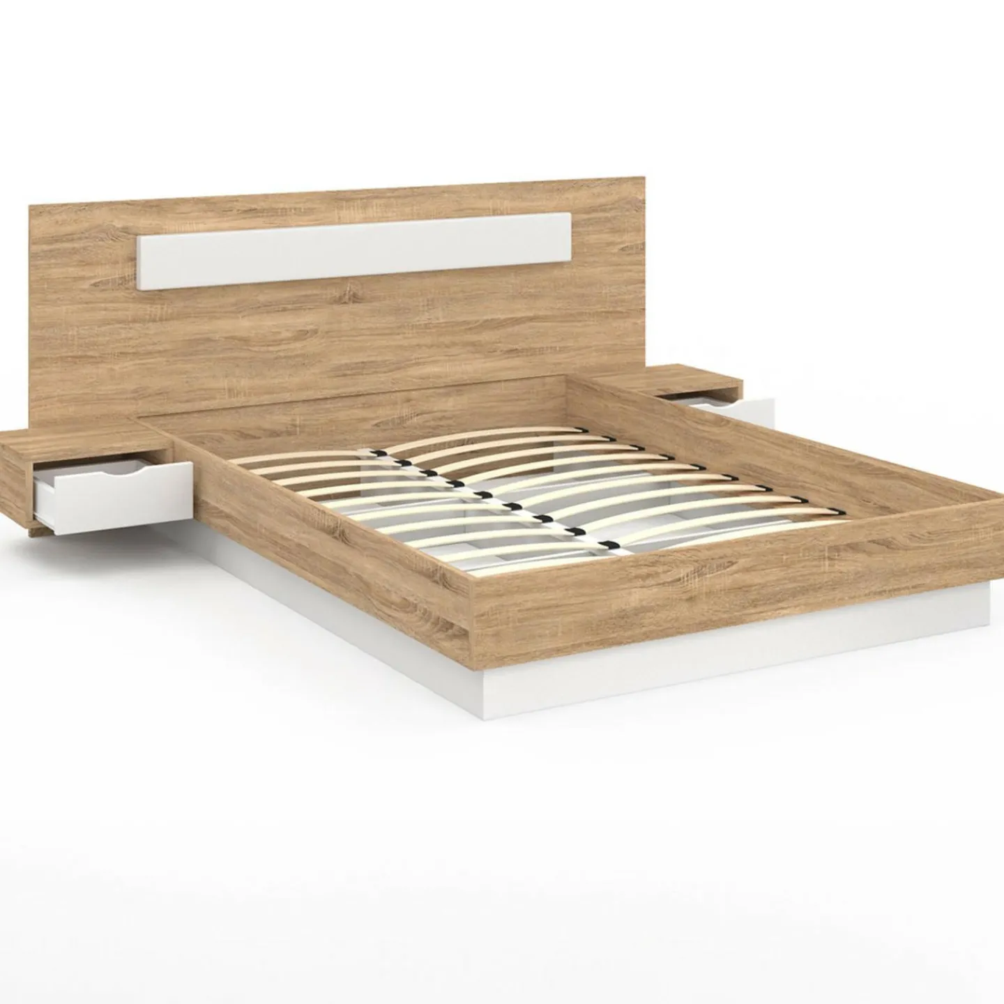 Lit double avec tête de lit, sommier et tables de nuit*IDMarket