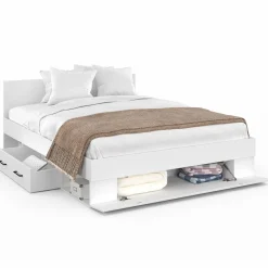 Lit double blanc 140x190cm avec tête de lit et rangements*IDMarket Sale