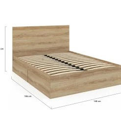 Lit double façon hêtre 4 tiroirs sur roulettes avec tête de lit*IDMarket Online