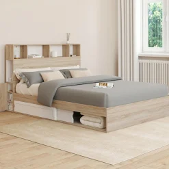 Lit double hêtre et blanc avec rangements + tête de lit et sommier 140x190 cm*IDMarket Clearance