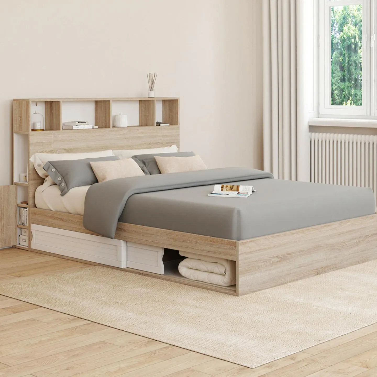 Lit double hêtre et blanc avec rangements + tête de lit et sommier 140x190 cm*IDMarket Clearance