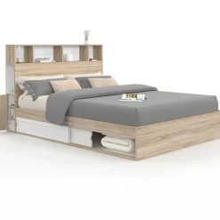 Lit double hêtre et blanc avec rangements + tête de lit et sommier 140x190 cm*IDMarket Clearance