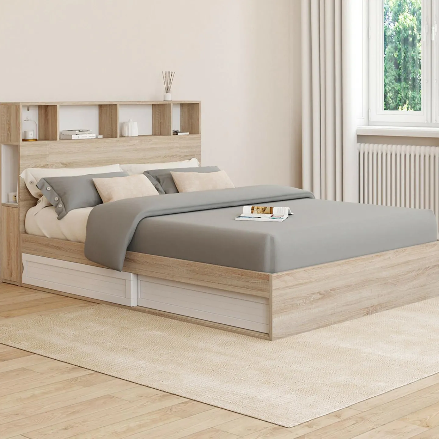 Lit double hêtre et blanc avec rangements + tête de lit et sommier 140x190 cm*IDMarket Clearance