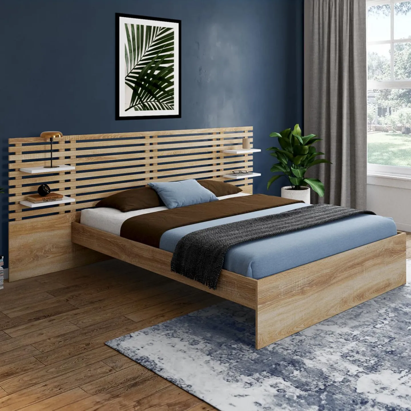 Lit double hêtre et blanc avec tête de lit et étagères*IDMarket Hot