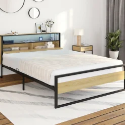 Lit double LED intégrés dans la tête de lit et sommier 140x190 cm effet bois et métal noir style industriel*IDMarket Discount