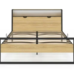 Lit double LED intégrés dans la tête de lit et sommier 140x190 cm effet bois et métal noir style industriel*IDMarket Discount