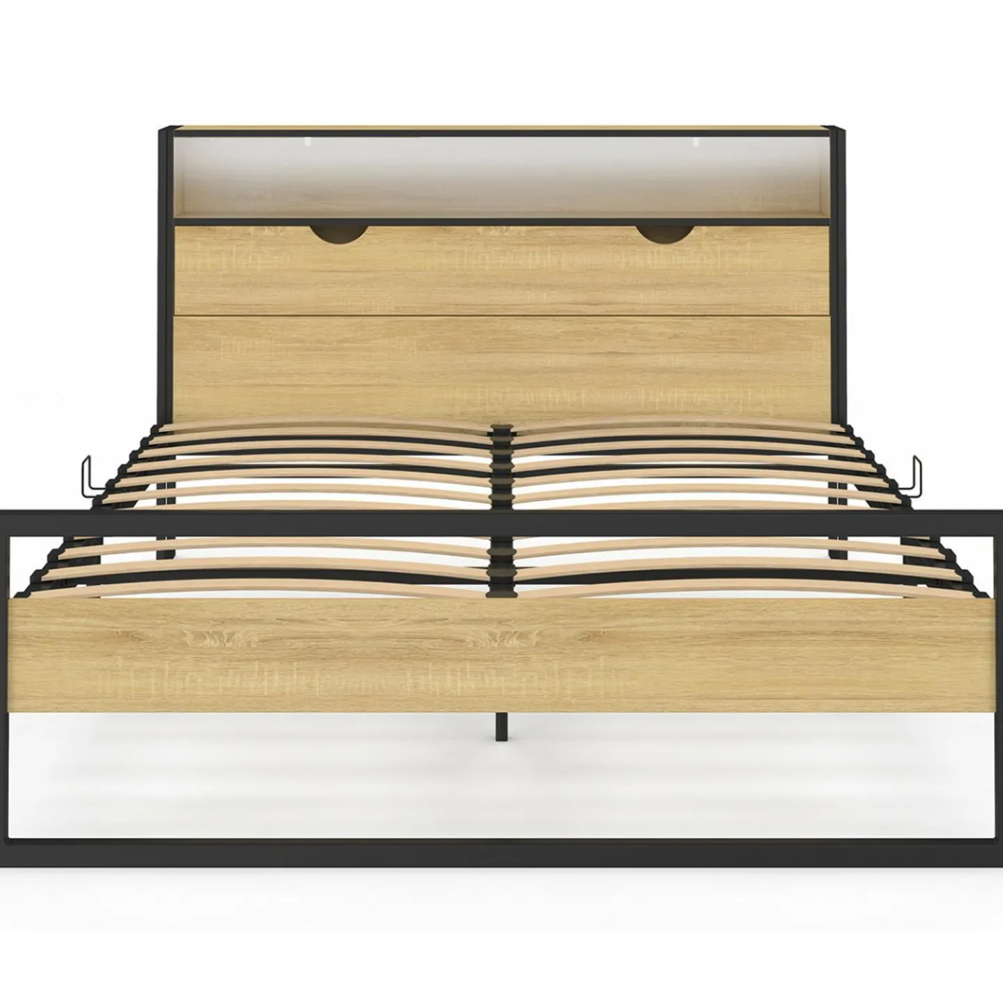 Lit double LED intégrés dans la tête de lit et sommier 140x190 cm effet bois et métal noir style industriel*IDMarket Discount