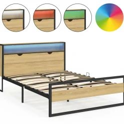 Lit double LED intégrés dans la tête de lit et sommier 140x190 cm effet bois et métal noir style industriel*IDMarket Discount