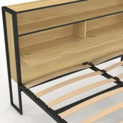 Lit double LED intégrés dans la tête de lit et sommier 140x190 cm effet bois et métal noir style industriel*IDMarket Discount