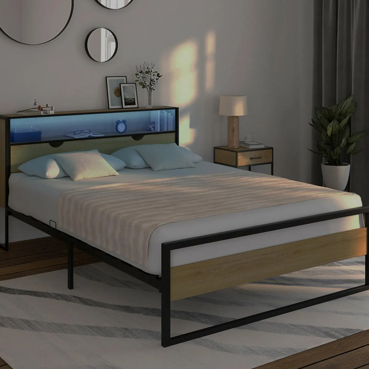 Lit double LED intégrés dans la tête de lit et sommier 140x190 cm effet bois et métal noir style industriel*IDMarket Discount