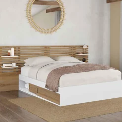 Lit double 140x190 blanc et hêtre avec rangement, tête de lit et chevets*IDMarket Sale