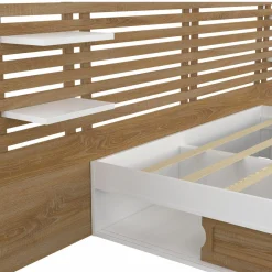 Lit double 140x190 blanc et hêtre avec rangement, tête de lit et chevets*IDMarket Sale