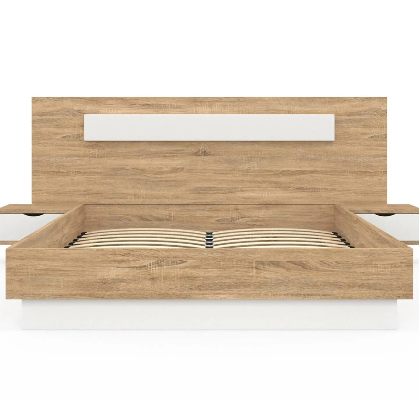 Lit double 140x190 bois et blanc avec tête de lit et tables de chevet*IDMarket New