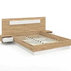Lit double 140x190 bois et blanc avec tête de lit et tables de chevet*IDMarket New