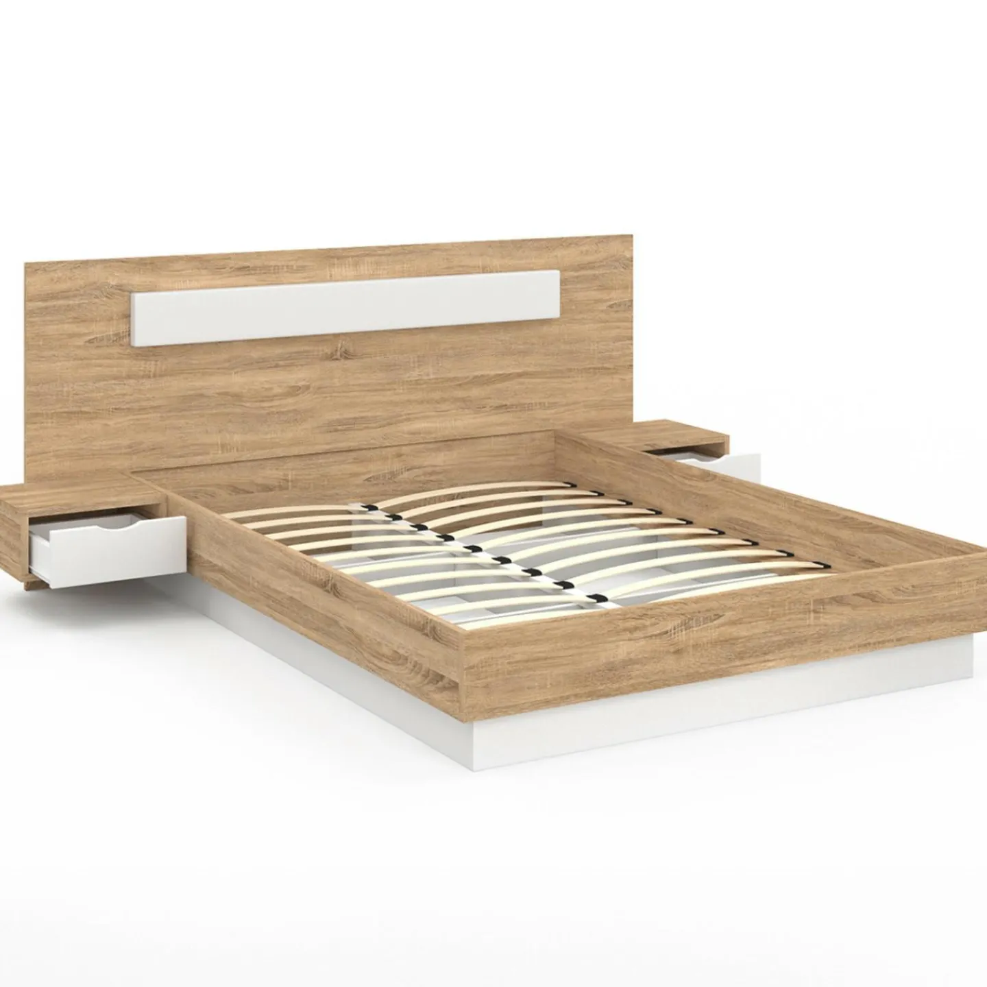 Lit double 140x190 bois et blanc avec tête de lit et tables de chevet*IDMarket New