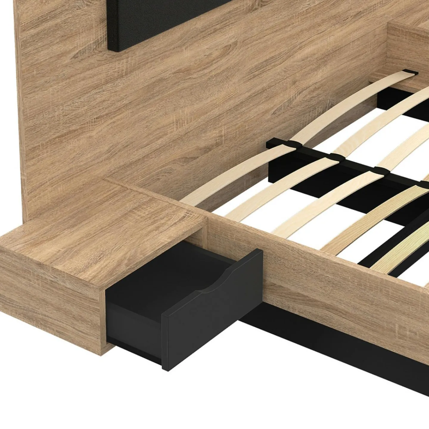 Lit double 160x200 cm bois et noir avec tête de lit et tables de chevet*IDMarket Clearance