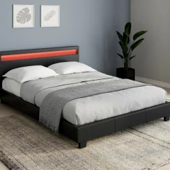 Lit double 140x190 cm en PVC noir avec sommier et LED*IDMarket Hot