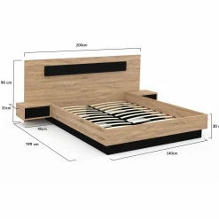 Lit double 140x190 cm tête de lit sommier avec chevets suspendus bois et noir*IDMarket Discount