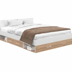 Lit double 140x190 façon hêtre et blanc avec rangements et tête de lit*IDMarket Online