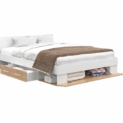 Lit double 140x190 façon hêtre et blanc avec rangements et tête de lit*IDMarket Online