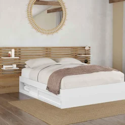 Lit double 140x190 hêtre et blanc avec tête de lit et chevets*IDMarket Sale