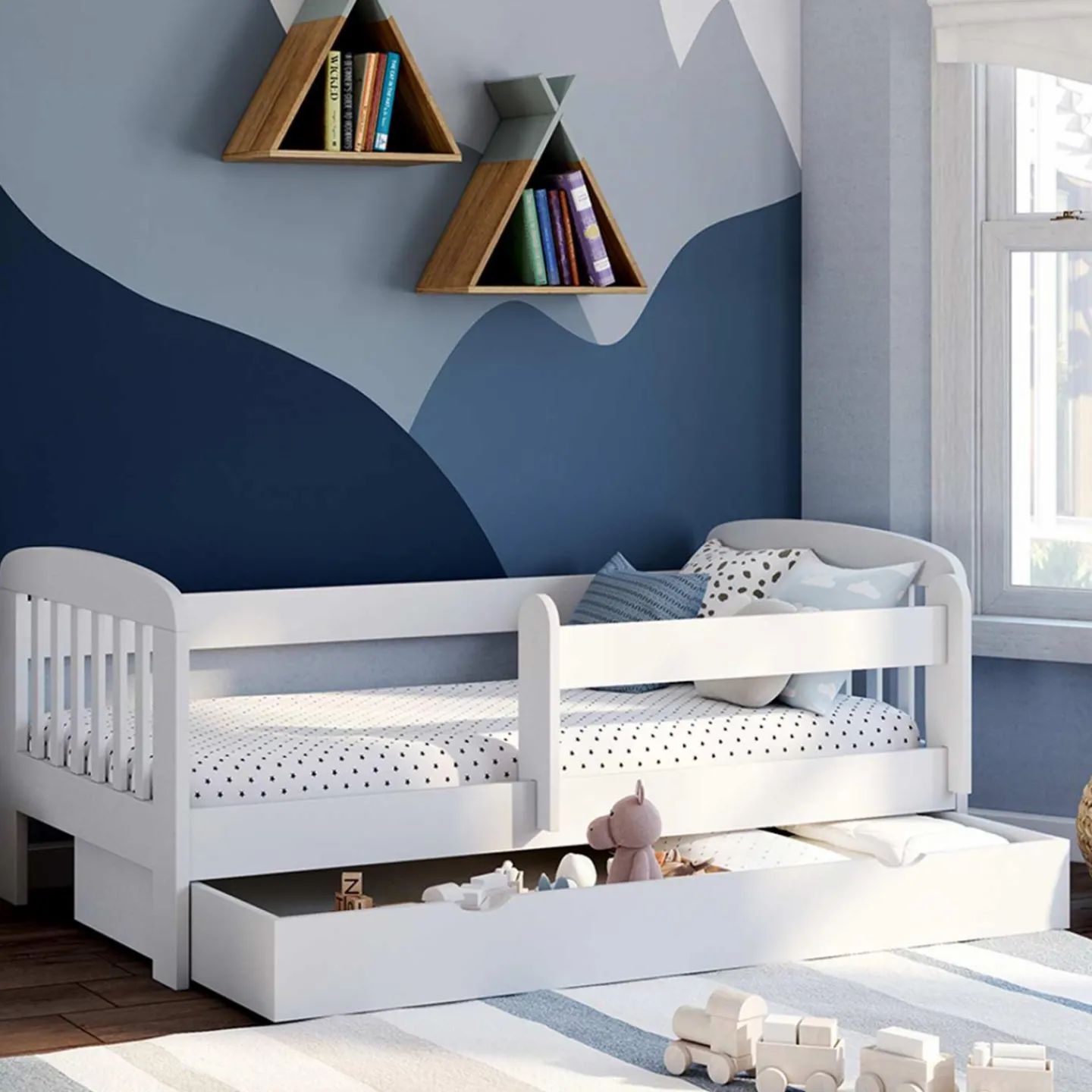 Lit enfant blanc avec tiroir de rangement sommier et barrières*IDMarket Online