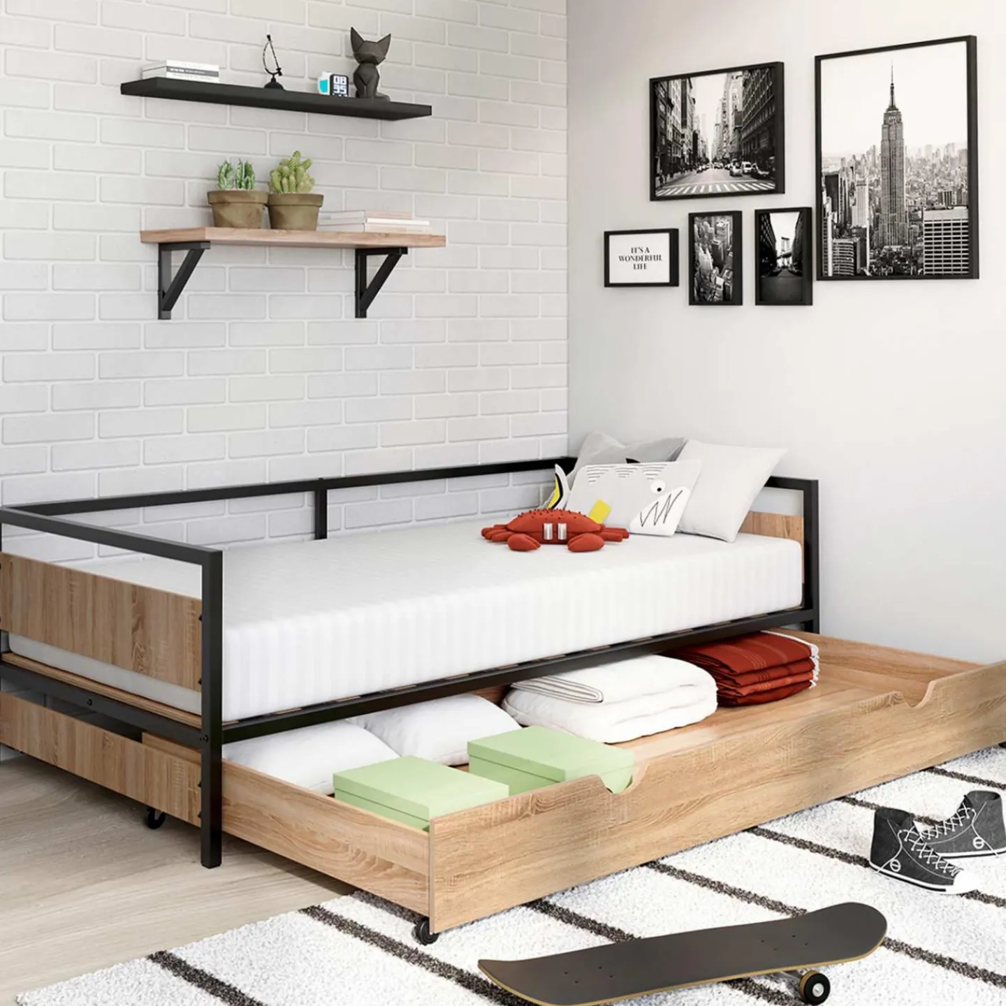 Lit enfant industriel avec tiroir gigogne 90x190*IDMarket Best