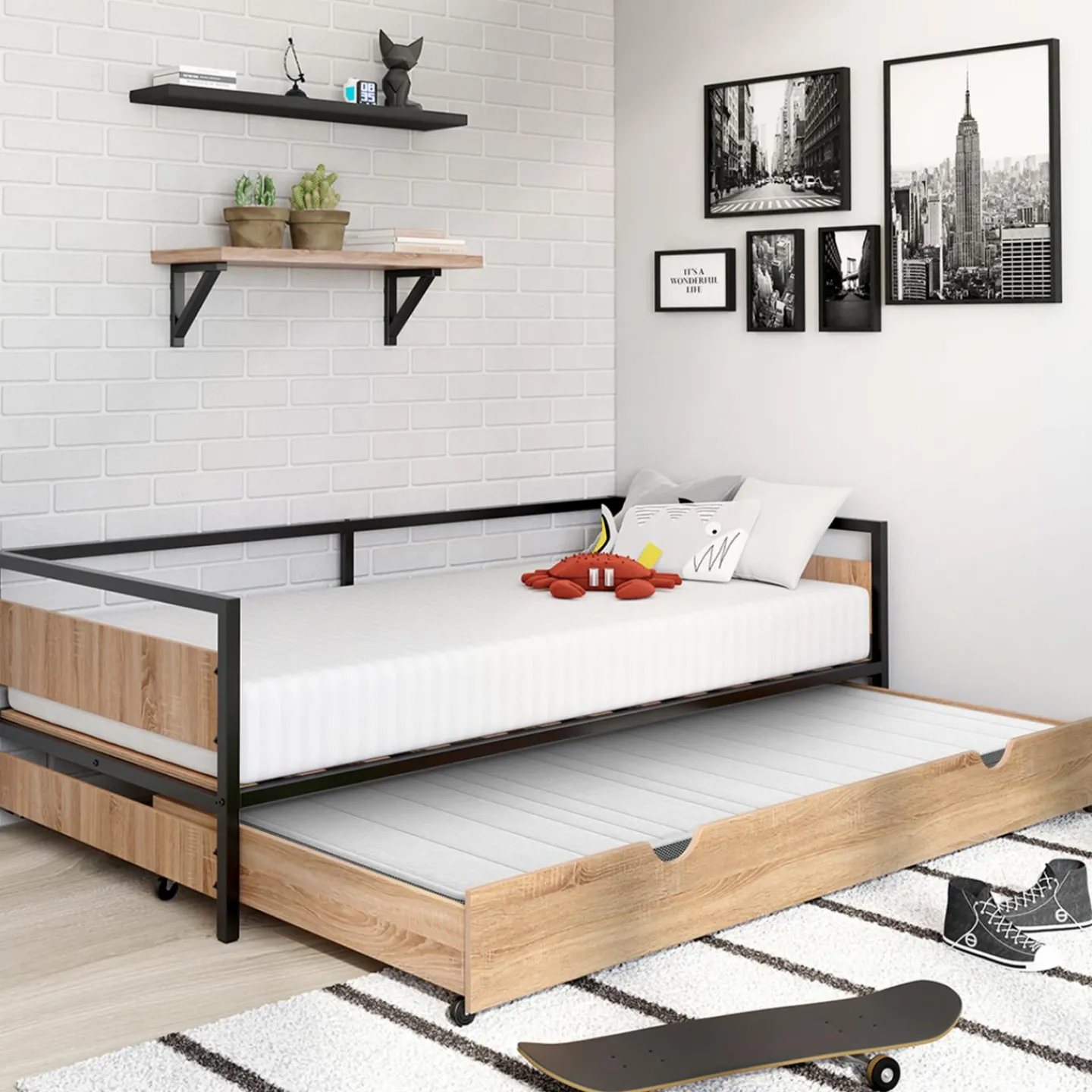 Lit enfant industriel avec tiroir gigogne 90x190*IDMarket Best