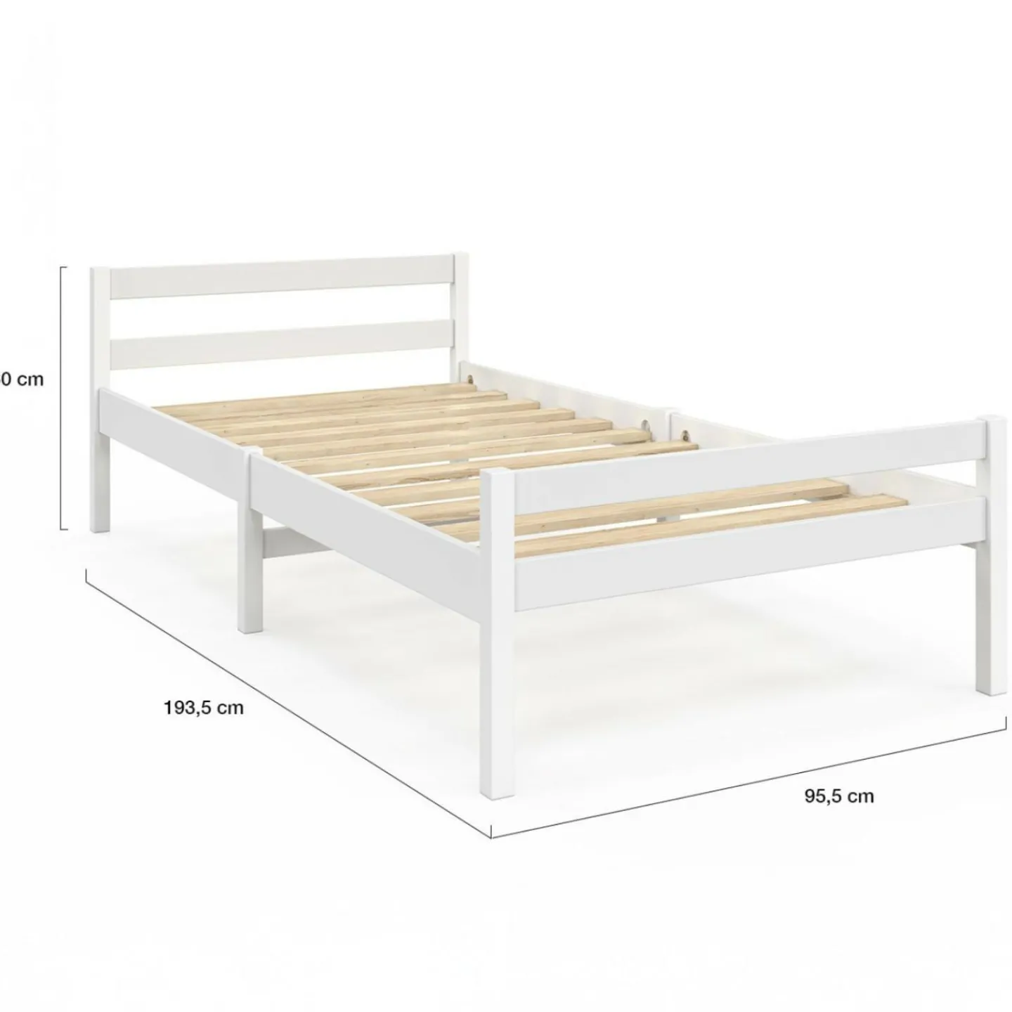 Lit simple 90 x 190 cm avec sommier bois blanc*IDMarket Clearance