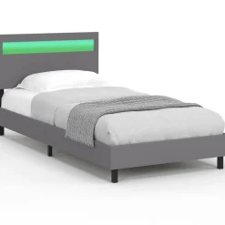 Lit simple 90 x 190 cm avec tête de lit LED intégrées et sommier PVC gris*IDMarket Sale
