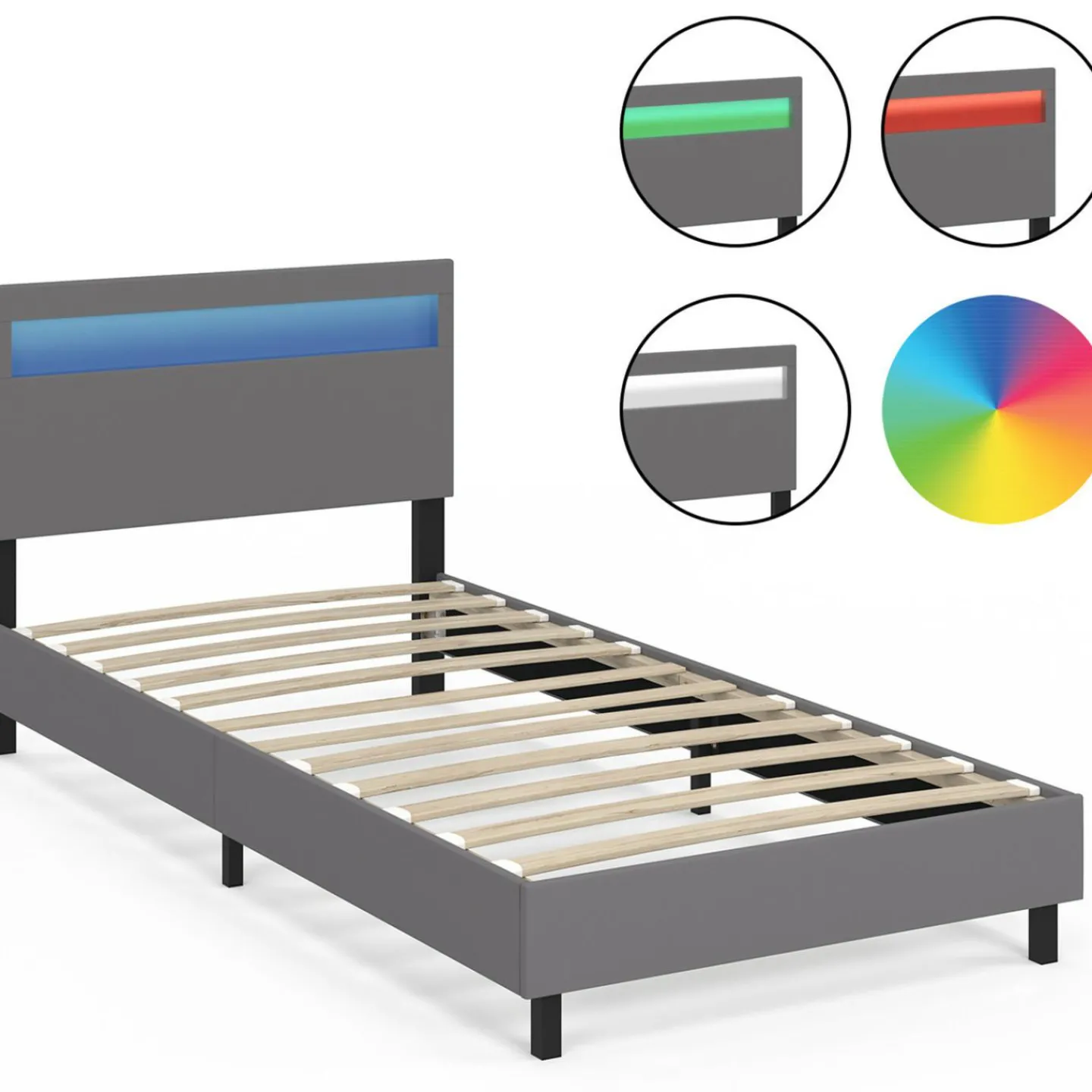 Lit simple 90 x 190 cm avec tête de lit LED intégrées et sommier PVC gris*IDMarket Sale