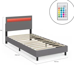 Lit simple 90 x 190 cm avec tête de lit LED intégrées et sommier PVC gris*IDMarket Sale