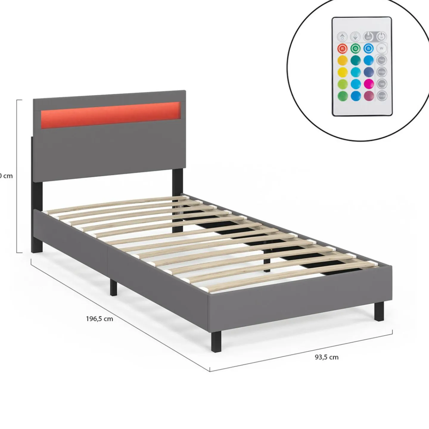 Lit simple 90 x 190 cm avec tête de lit LED intégrées et sommier PVC gris*IDMarket Sale