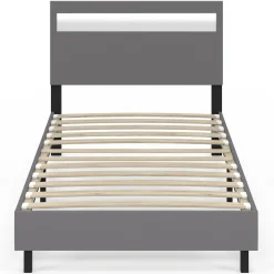 Lit simple 90 x 190 cm avec tête de lit LED intégrées et sommier PVC gris*IDMarket Sale