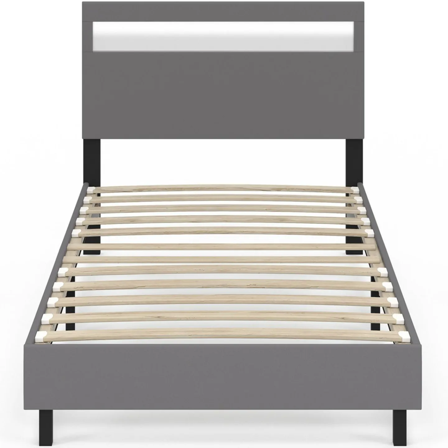 Lit simple 90 x 190 cm avec tête de lit LED intégrées et sommier PVC gris*IDMarket Sale