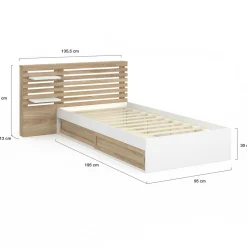 Lit simple avec tête de lit, chevets, rangements et sommier 90 x 190 cm façon hêtre et blanc*IDMarket Sale