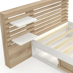 Lit simple avec tête de lit, chevets, rangements et sommier 90 x 190 cm façon hêtre et blanc*IDMarket Sale