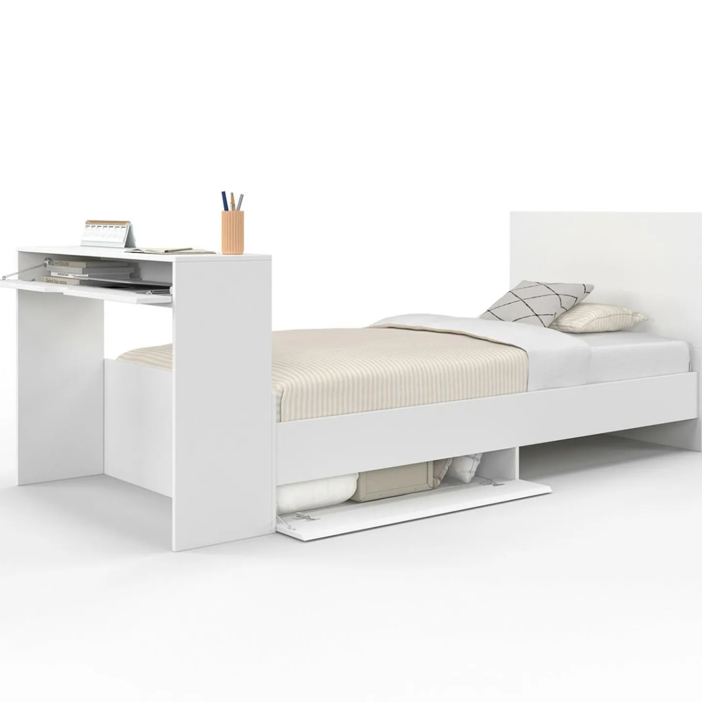 Lit simple blanc 90 x 190 cm avec rangements, sommier, tête de lit et bureau*IDMarket Discount