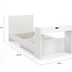 Lit simple blanc 90 x 190 cm avec rangements, sommier, tête de lit et bureau*IDMarket Discount